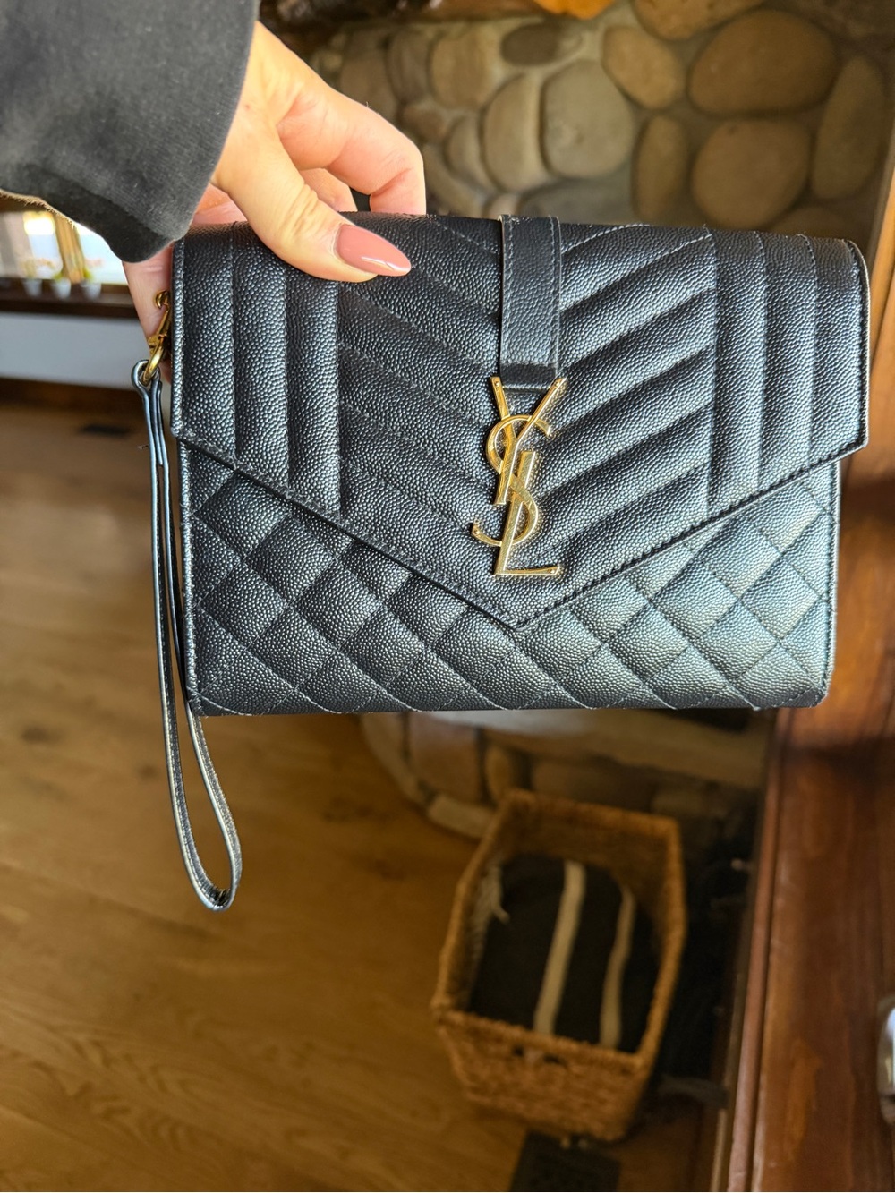 Saint Laurent Black Quilted Caviar Leather Wristlet Clutch with Gold YSL